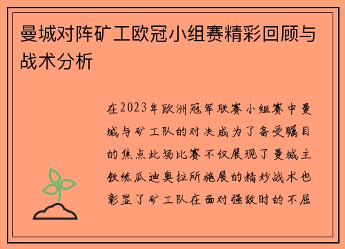 曼城对阵矿工欧冠小组赛精彩回顾与战术分析